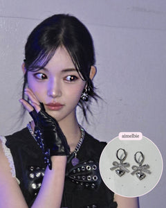 [Hearts2Hearts Yuha Earrings] Coquette Laced Ribbon and Heart Huggies earrings