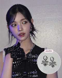 [Hearts2Hearts Yuha Earrings] Coquette Laced Ribbon and Heart Huggies earrings
