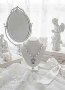[Red Velvet Irene Necklace] Coquette Ribbon and Heart Locket Pearl Choker - Silver Color