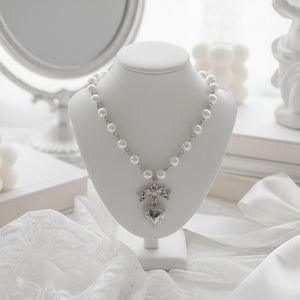 [Red Velvet Irene Necklace] Coquette Ribbon and Heart Locket Pearl Choker - Silver Color