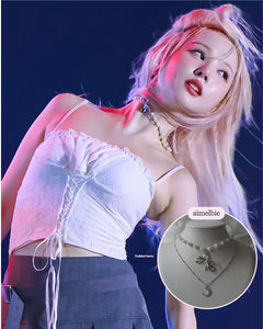 [BABYMONSTER Ahyeon, Luka Necklace] Princess Bow and Moon Layered Necklace - Silver Color