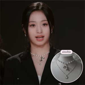 [BABYMONSTER Ahyeon, Luka Necklace] Princess Bow and Moon Layered Necklace - Silver Color