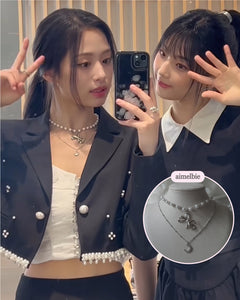 [BABYMONSTER Ahyeon, Luka Necklace] Princess Bow and Moon Layered Necklace - Silver Color