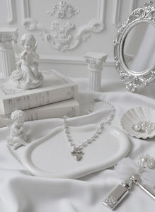 [Red Velvet Irene Necklace] Coquette Ribbon and Heart Locket Pearl Choker - Silver Color