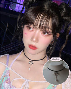 [Billlie Tsuki Necklace] Romantic bow and pearl drop choker - Silver Color
