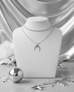 [Aespa NingNing Necklace] Upside Down Crescent Moon Rhinestone Chain Choker Layered Necklace - Silver