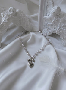 [Red Velvet Irene Necklace] Coquette Ribbon and Heart Locket Pearl Choker - Silver Color