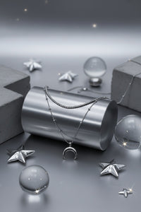 [Aespa NingNing Necklace] Upside Down Crescent Moon Rhinestone Chain Choker Layered Necklace - Silver