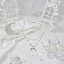 Load image into Gallery viewer, Upside Down Crescent Moon Pearl Layered Necklace - Silver (KISS OF LIFE Belle Necklace)
