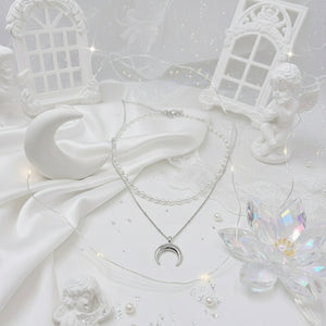 Upside Down Crescent Moon Pearl Layered Necklace - Silver (KISS OF LIFE Belle Necklace)