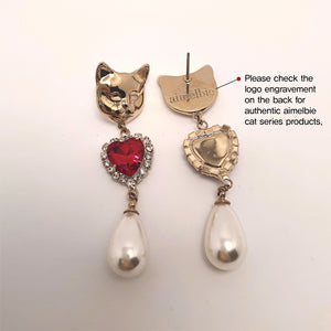 Melbie The Cat Series - Red Hearts and Pearls Earrings