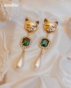Melbie The Cat Series - Emerald Square and Pearls Earrings