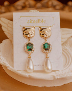 Melbie The Cat Series - Emerald Square and Pearls Earrings