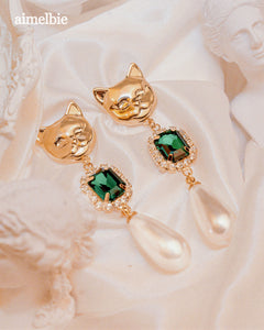 Melbie The Cat Series - Emerald Square and Pearls Earrings