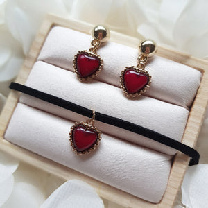 Burgundy Heart Earrings and Choker Set (Twice Dahyun, VIVIZ Eunha, Choi Yena, Kep1er Dayeon Choker)