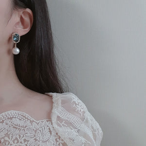 Elegant Oval Crystal and Pearl Earrings - Deep Blue