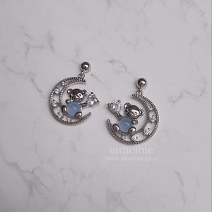 Bear On The Moon Earrings - Blue