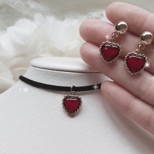 Burgundy Heart Earrings and Choker Set (Twice Dahyun, VIVIZ Eunha, Choi Yena, Kep1er Dayeon Choker)