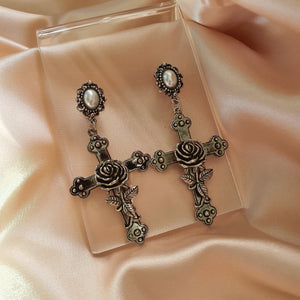 Antique Rose Cross Earrings