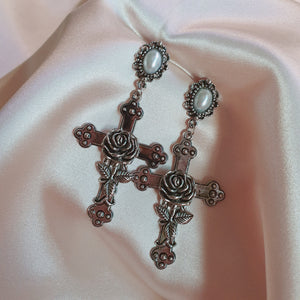 Antique Rose Cross Earrings