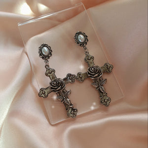 Antique Rose Cross Earrings