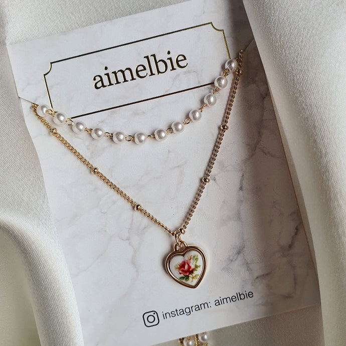 [Kim Sejeong, Billlie Tsuki, Oh My Girl Binnie Necklace] Vintage Rose Heart Layered Necklace
