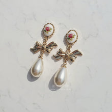Load image into Gallery viewer, Vintage Rose Garden Earrings - Ribbon and Pearl Version
