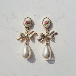 Vintage Rose Garden Earrings - Ribbon and Pearl Version