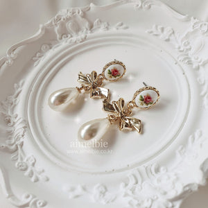 Vintage Rose Garden Earrings - Ribbon and Pearl Version