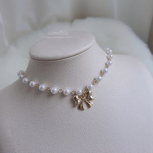 Adorable Ribbon Pearl Choker - Gold ver. (Billlie Sheon Necklace)