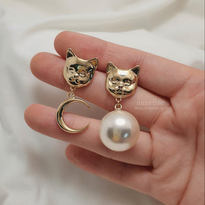 Melbie The Cat Series - Moon and Big Pearl Earrings (Gold ver.)