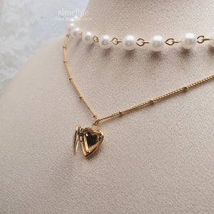 Heart Locket Layered Pearl Choker Necklace - Gold ver. (Billlie Sheon Necklace)