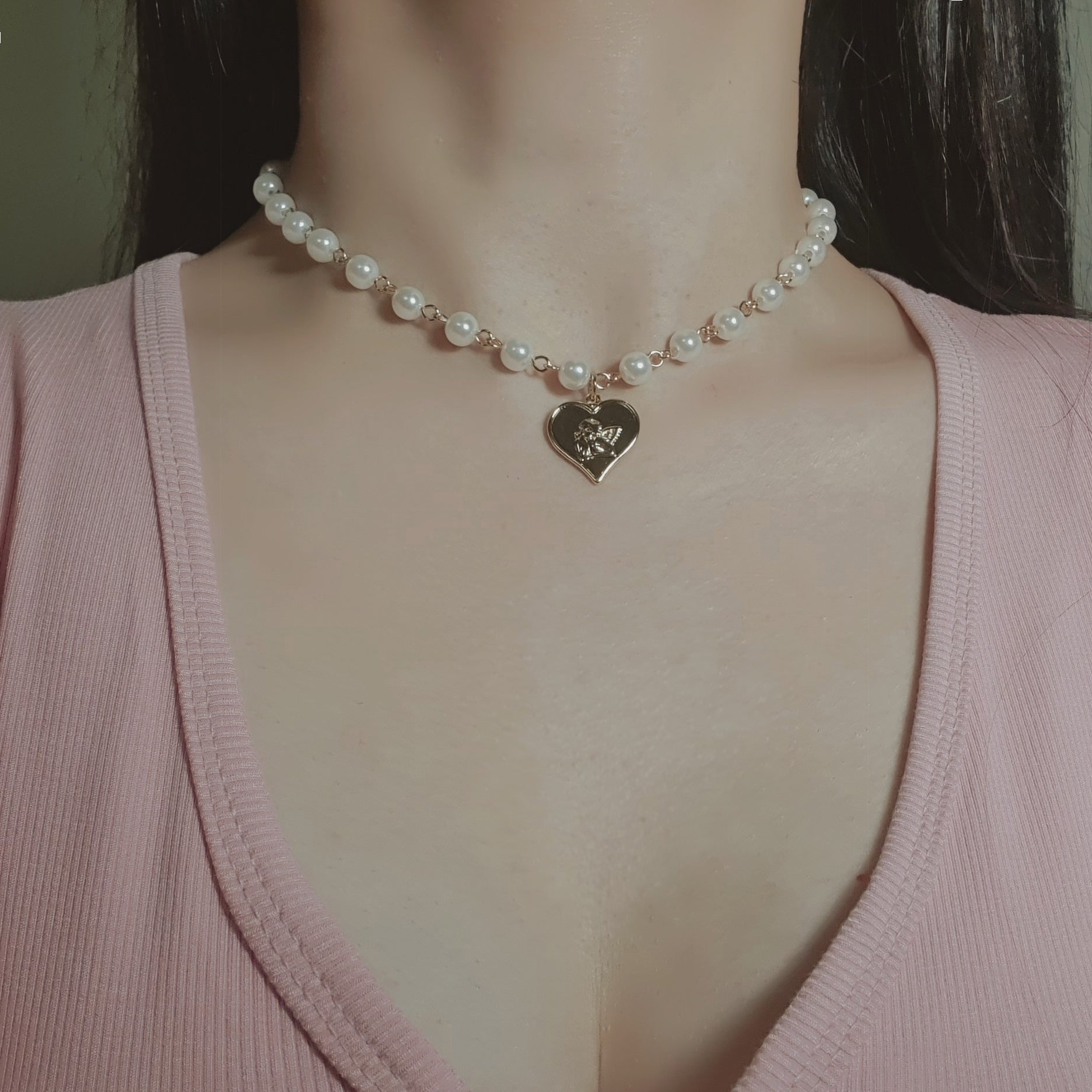 Heart Locket Layered Pearl Choker Necklace - Gold ver. (Billlie Sheon –  aimelbie