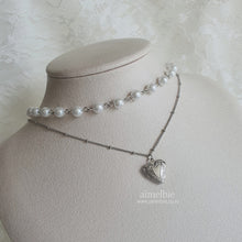 Load image into Gallery viewer, Heart Locket Layered Pearl Choker Necklace - Silver ver.