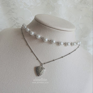 Heart Locket Layered Pearl Choker Necklace - Silver ver.
