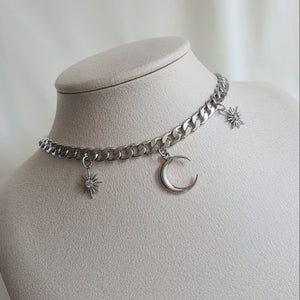 Moon and Star Bold Chain Choker - Silver (Kep1er Xiaoting Necklace)