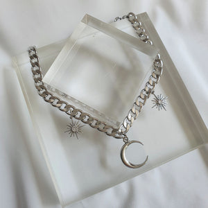 Moon and Star Bold Chain Choker - Silver (Kep1er Xiaoting Necklace)