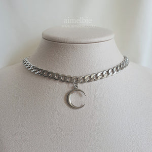 Crescent Moon Bold Chain Choker - Silver