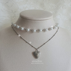 Heart Locket Layered Pearl Choker Necklace - Silver ver.