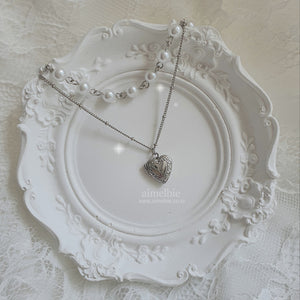 Heart Locket Layered Pearl Choker Necklace - Silver ver.