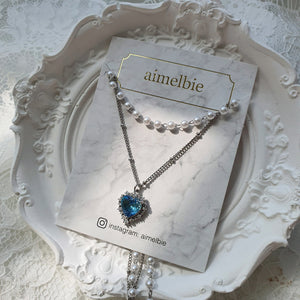 Blue Crystal Heart Layered Necklace