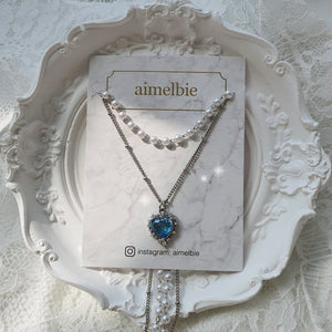 Blue Crystal Heart Layered Necklace