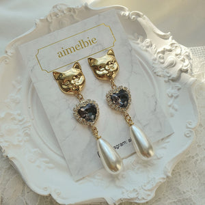 Melbie The Cat Series - Black Diamond Hearts and Pearls Earrings