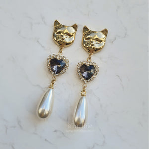 Melbie The Cat Series - Black Diamond Hearts and Pearls Earrings