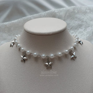 [Woo!ah! Nana, FIFTY FIFTY Sio, Kep1er Chaehyun Necklace] Starry Pearl Choker Necklace - Silver