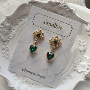 Antique Heart Earrings - Green