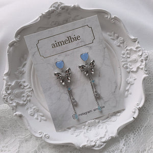 Dreamy Ribbon and Heart Earrings - Silver
