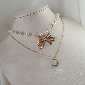 Princess Bow and Moon Layered Necklace - Gold Color