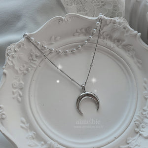 Upside Down Crescent Moon Pearl Layered Necklace - Silver