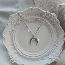 Load image into Gallery viewer, Upside Down Crescent Moon Pearl Layered Necklace - Silver (KISS OF LIFE Belle Necklace)